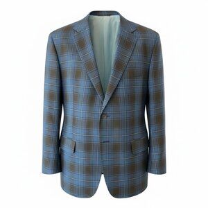Holland & Sherry Blue Windowpane Plaid Sport Coat Mens Size 48 R Blazer Preppy